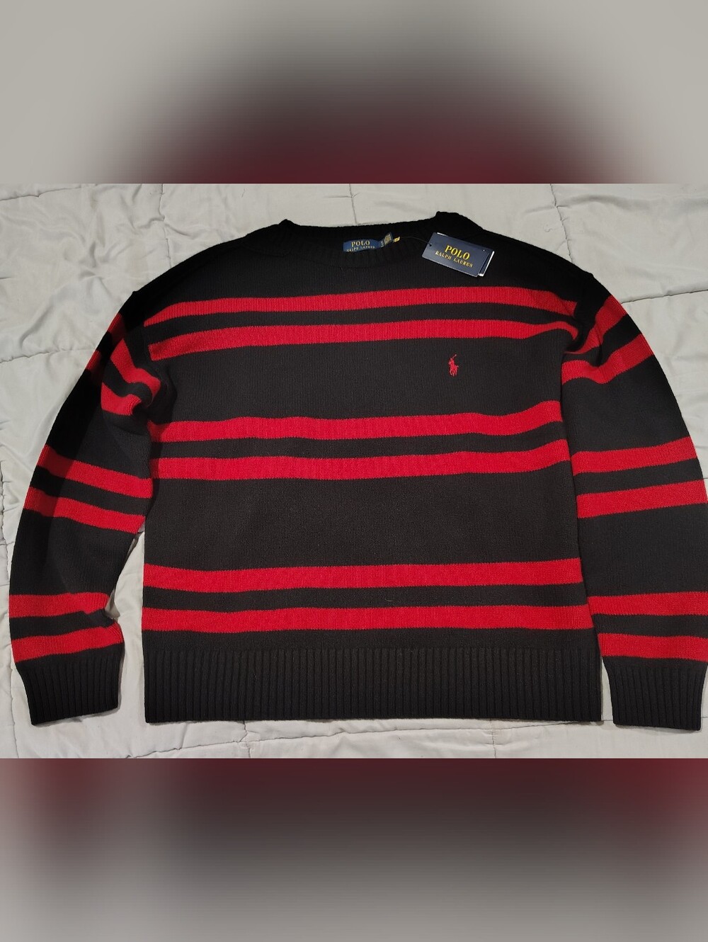 Polo Ralph Lauren Black Red Striped Crewneck Knit Sweater XL NWT Pony Logo